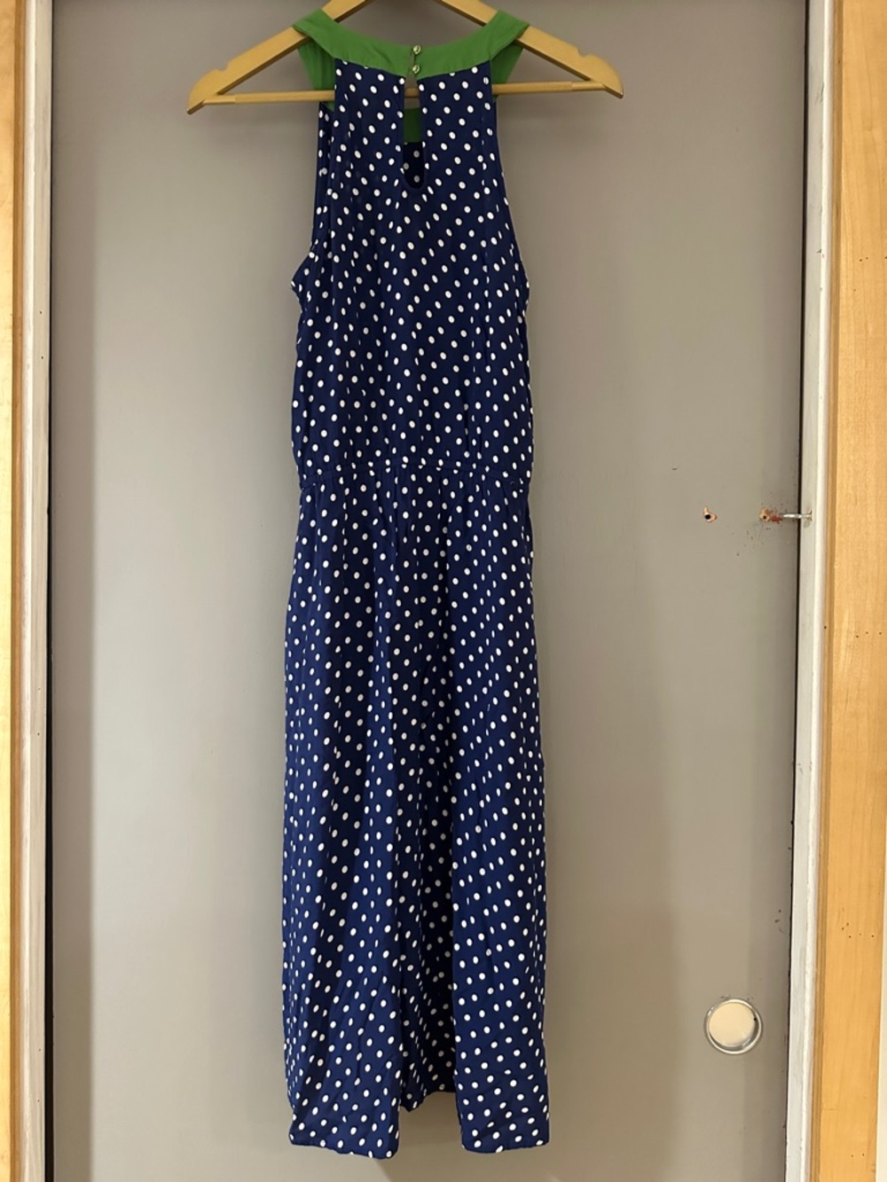 Anthropologie Lilka Polka Dot Hi-Low Dress Navy Green Halter Midi Derby - Picture 12 of 12